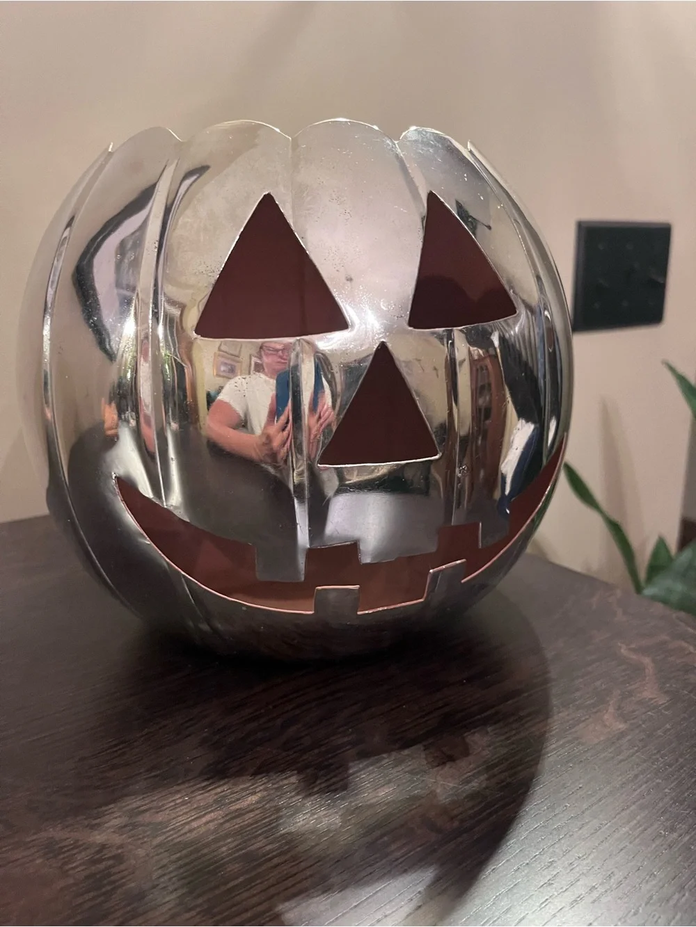 Silver Chrome Metal Pumpkin Jack-O'-Lantern Luminary JOl Goth